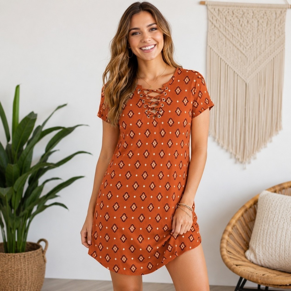No Boundaries Boho Tribal Lace Up Shift Dress Orange Womens L‎ 11 13